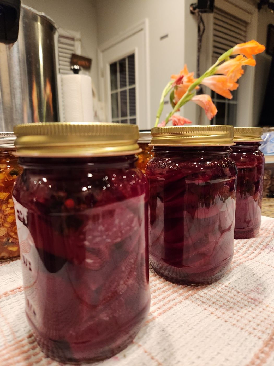 Pickled beets cooling on the counter