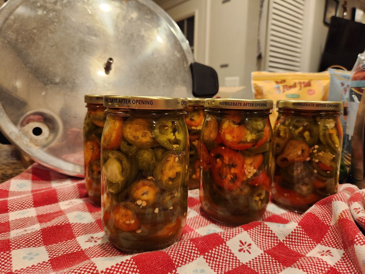 Pickled jalapeños on our favorite checkered towel