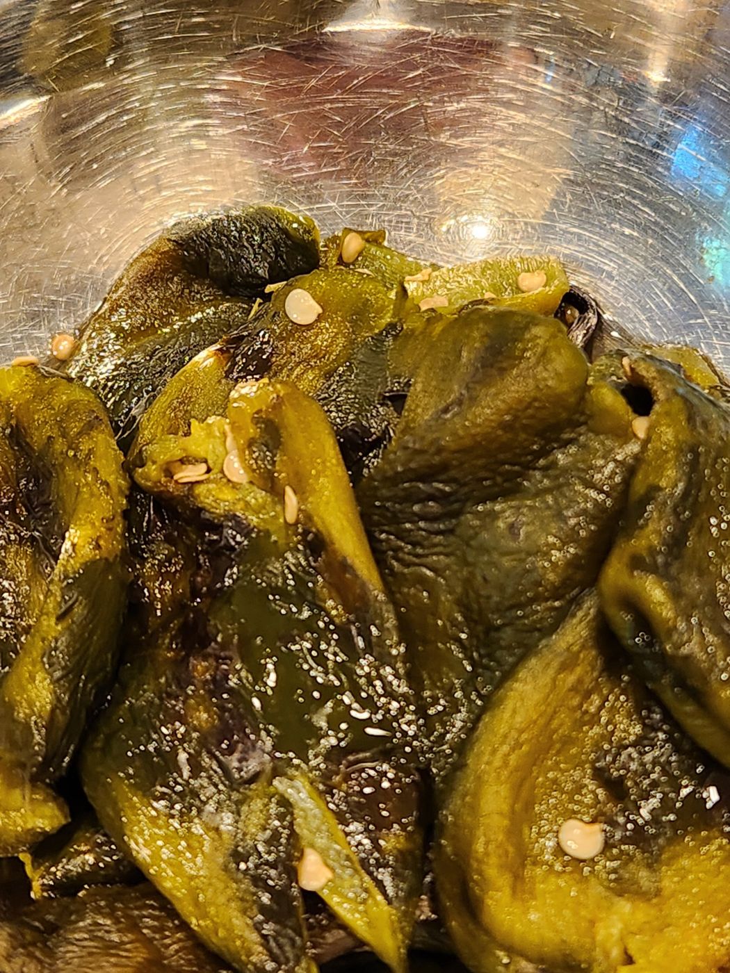 Up close: charred, peeled and seeded by hand