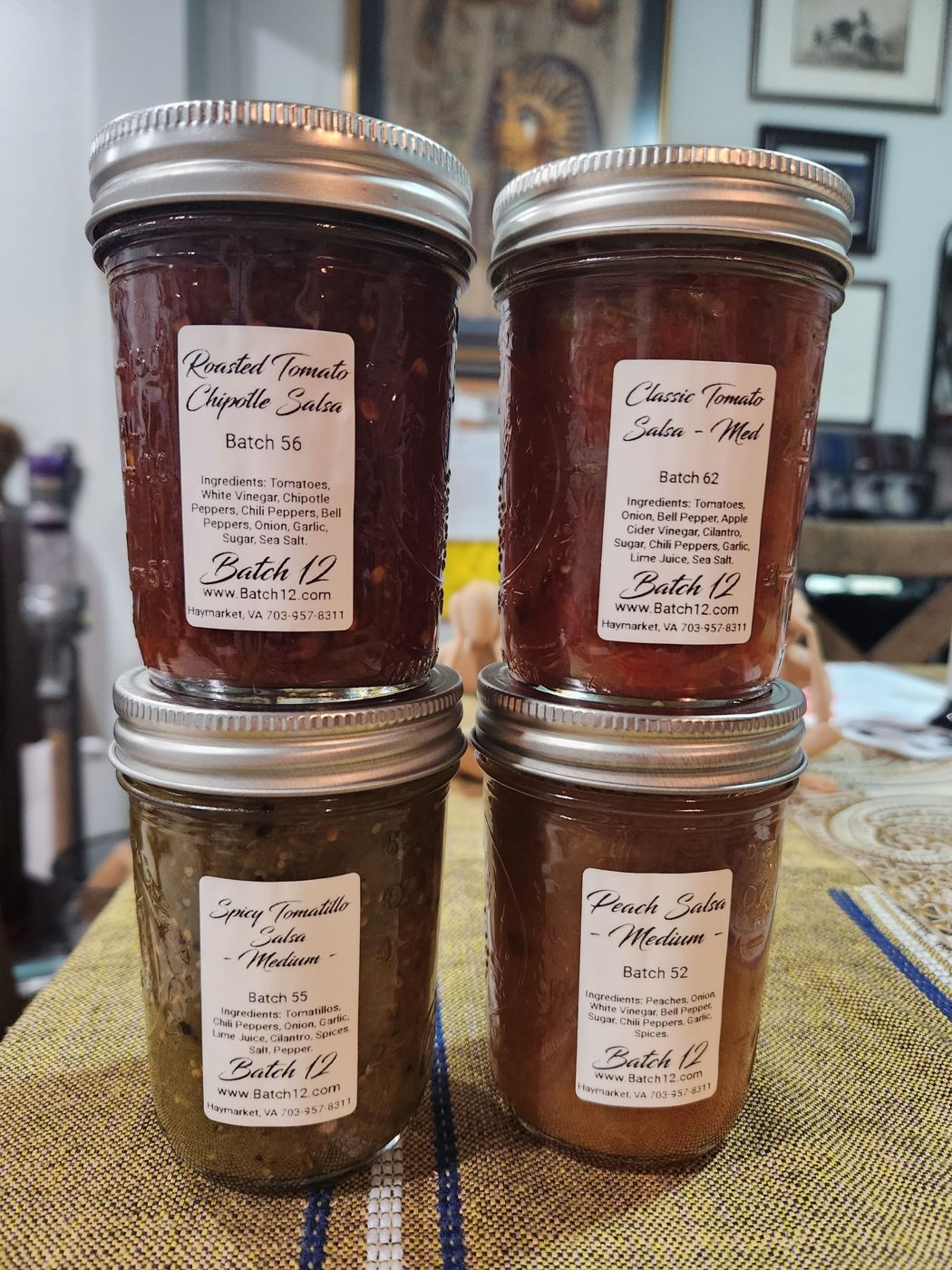 A salsa lineup: Roasted Tomato Chipotle, Classic Tomato, Spicy Tomatillo and Peach